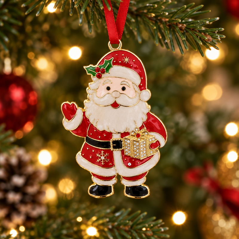 Santa Claus Christmas tree hanging decoration with red ribbon hanging on a Christmas tree with warm golden bokeh fairy lights