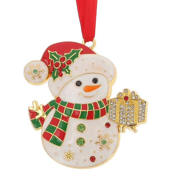 Snowman Christmas tree hanging decoration with red Santa hat and holly sprig, red and green checked scarf, golden gift box with crystal-effect detail, crystal-effect buttons and snowflake accents, red ribbon hanger, presented in a Christmas Treasures gift box, 7.5 x 6.4cm