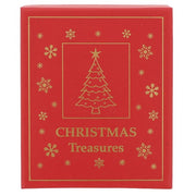 Christmas Treasures red gift box with gold Christmas tree and snowflake design