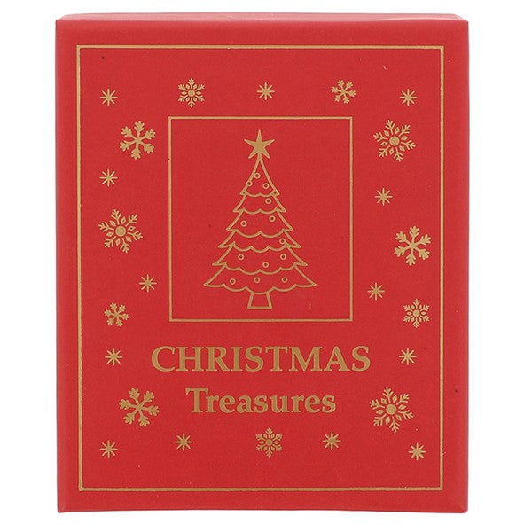 Christmas Treasures red gift box with gold Christmas tree and snowflake design
