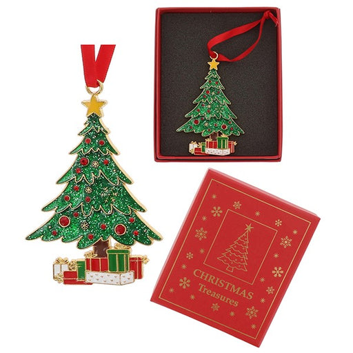 Christmas tree hanging decoration with green glitter finish, crystal-effect red baubles, gold star topper and wrapped presents, shown with red Christmas Treasures gift box