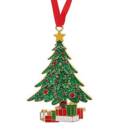 Close-up of Christmas tree hanging decoration with green glitter, crystal-effect red baubles and gold coloured snowflake detail, red ribbon hanger