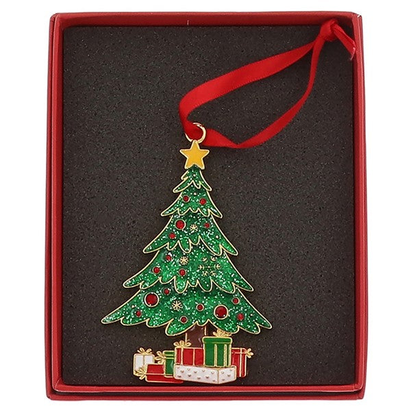 Christmas tree decoration in open red Christmas Treasures gift box with red ribbon hanger