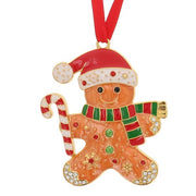 Gingerbread man Christmas tree hanging decoration with red Santa hat, red and green striped scarf, candy cane and scattered crystal-effect details, gold outline, red ribbon hanger, presented in a Christmas Treasures gift box, 8 x 6.5cm
