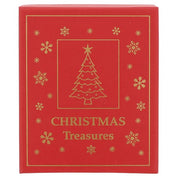 Christmas Treasures red gift box with gold Christmas tree and snowflake design