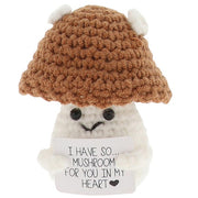 Cheery Crochet Mushroom, handmade crochet vegetable character, presented on a white background