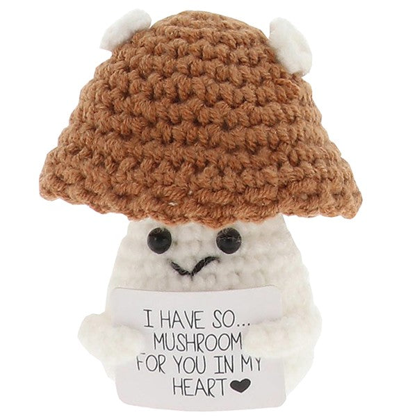 Cheery Crochet Mushroom, handmade crochet vegetable character, presented on a white background