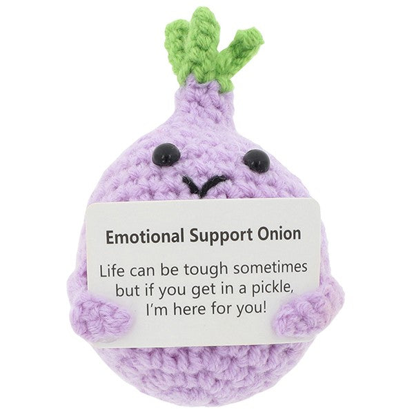 Cheery Crochet Emotional Support Onion, handmade crochet vegetable character, presented on a white background