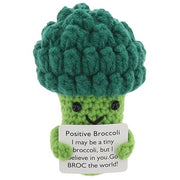 Cheery Crochet Positive Broccoli, handmade crochet vegetable character, presented on a white background
