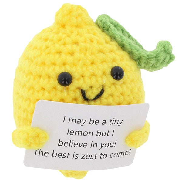 Cheery Crochet Positive Lemon, handmade crochet fruit character, presented on a white background