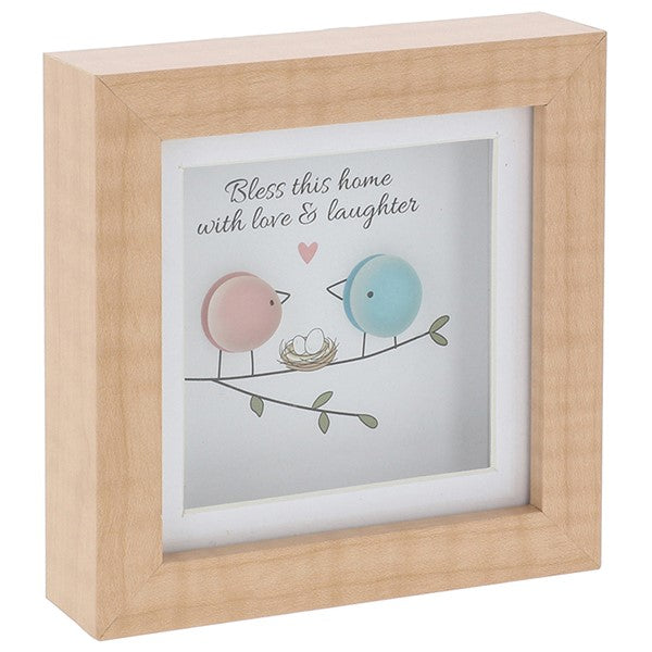 Pebble glass mini plaque in a natural wood frame featuring two glass pebble birds watching over their nest, with the sentiment Bless this home with love and laughter