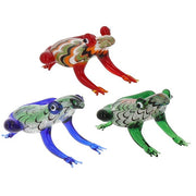 Collectable Colourful Glass Frog Figurines in orange, blue, and green, presented on a white background