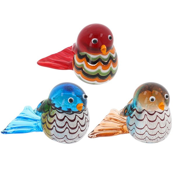 Collectable Colourful Glass Sitting Birds in orange, blue, and red, presented on a white background