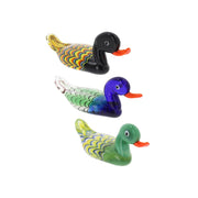 Collectable Colourful Glass Duck Figurines in blue, black, and green, presented on a white background