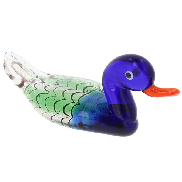Collectable Colourful Glass Duck Figurine in blue, presented on a white background