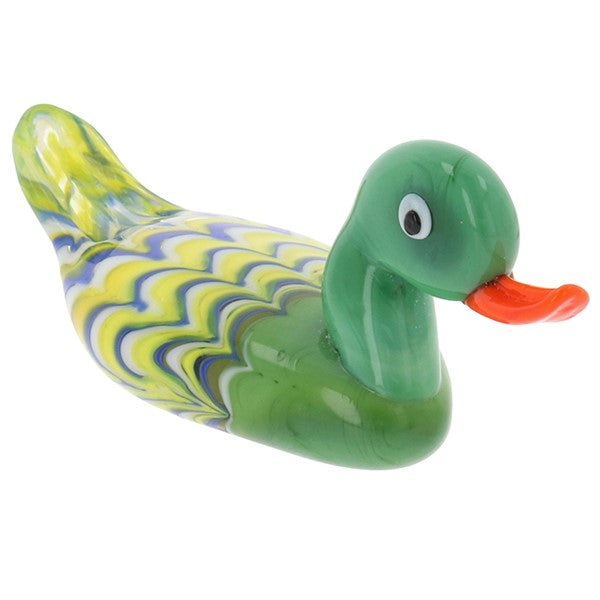 Collectable Colourful Glass Duck Figurine in green, presented on a white background