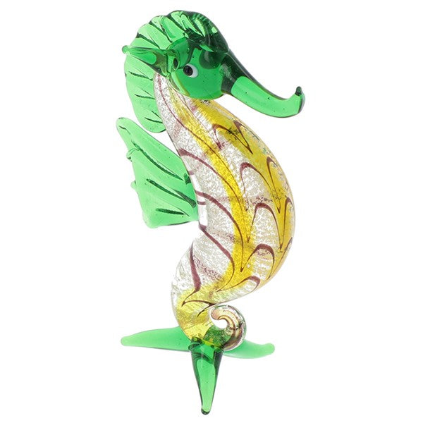 Glass seahorse figurine in green, presented on a white background