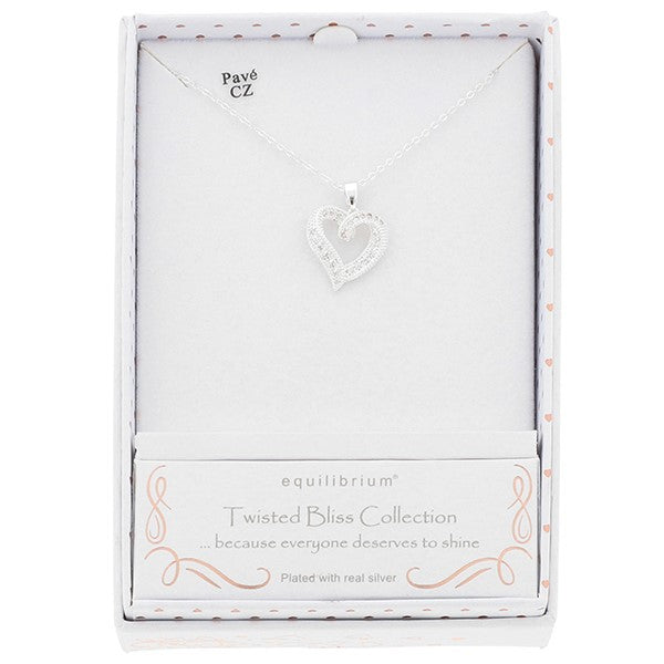 Equilibrium Twisted Bliss Silver Plated Glam Heart Necklace in gift box with Pavé Cubic Zirconia pendant and real silver plating