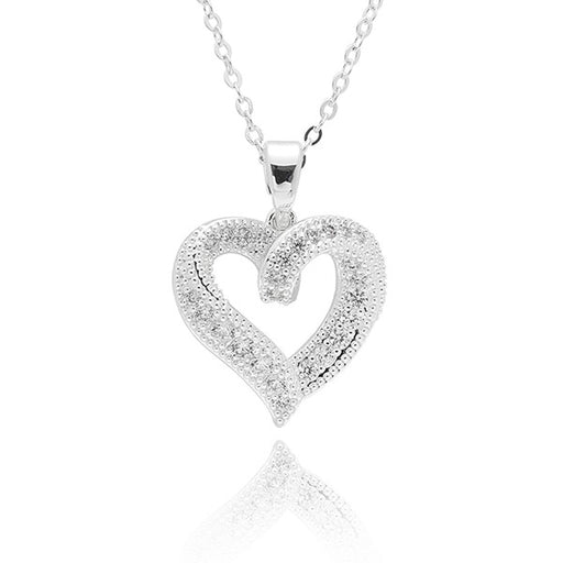 Equilibrium Twisted Bliss open heart necklace with pavé Cubic Zirconia stones on silver chain, white background
