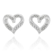 Silver plated pavé cubic zirconia open heart stud earrings on a white background