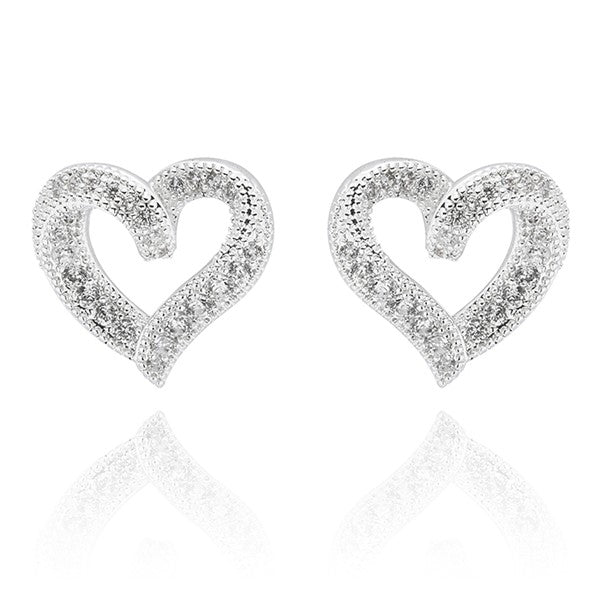 Silver plated pavé cubic zirconia open heart stud earrings on a white background