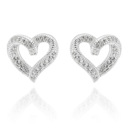 Silver plated pavé cubic zirconia open heart stud earrings on a white background