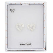 Silver plated pavé cubic zirconia open heart stud earrings presented in a gift box, silver plated