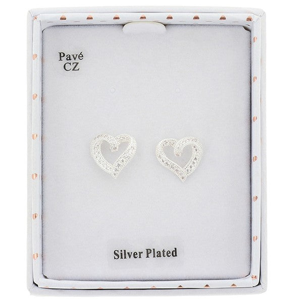 Silver plated pavé cubic zirconia open heart stud earrings presented in a gift box, silver plated