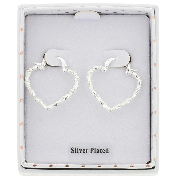 Bamboo Silver Plated Large Heart Earrings