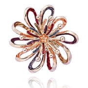 Equilibrium Vibrant Daisy Magnetic Brooch in rose gold plated finish, open-work starburst flower with looped petals, ball-tip details and deep red crystal-effect centre