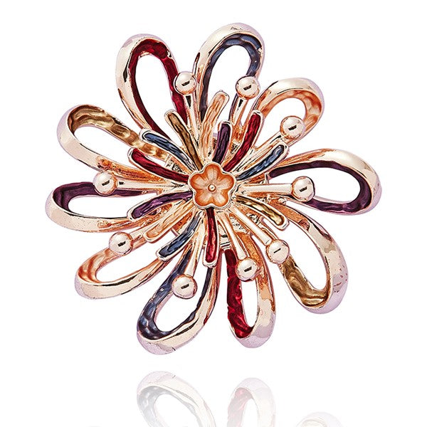Equilibrium Vibrant Daisy Magnetic Brooch in rose gold plated finish, open-work starburst flower with looped petals, ball-tip details and deep red crystal-effect centre
