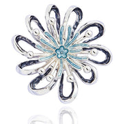 Equilibrium Vibrant Daisy Magnetic Brooch in silver plated finish, open-work starburst flower with looped petals, ball-tip details and pale aqua crystal-effect centre