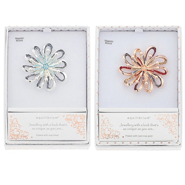 Equilibrium Vibrant Daisy Magnetic Brooch shown in silver plated and rose gold plated finishes, each presented in an Equilibrium gift box