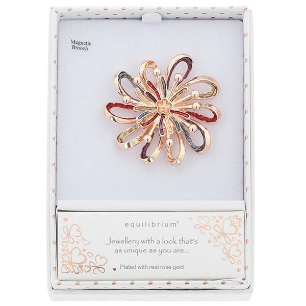 Equilibrium Vibrant Daisy Magnetic Brooch in rose gold plated finish presented in Equilibrium gift box