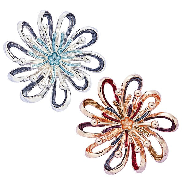  Equilibrium Vibrant Daisy Magnetic Brooch shown side by side in silver plated and rose gold plated finishes