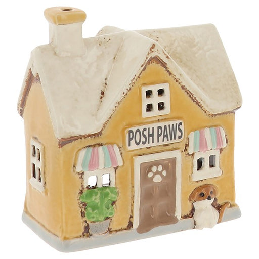Village Pottery Posh Paws ceramic cottage tea light holder with cream-glazed roof, striped awnings and spaniel dog detail