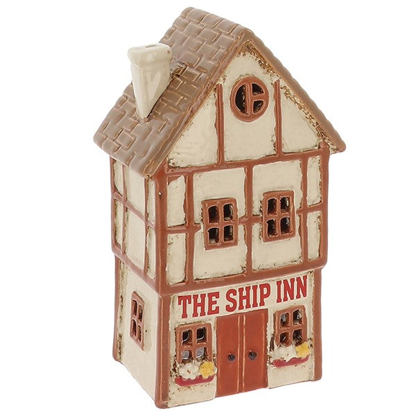 Handcrafted ceramic Tudor Ship Inn tealight holder with three storeys, timber-frame detail and floral window boxes — Shudehill Village Pottery Cottage Collection