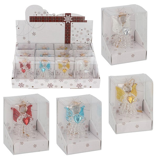 Four Christmas glass angel decorations in White, Yellow, Blue and Red, each with crystal-effect heart and delicate wings, shown in snowflake-printed gift boxes