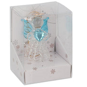 Christmas glass angel decoration in blue with crystal-effect heart and delicate wings, with gold hanging thread, in snowflake gift box