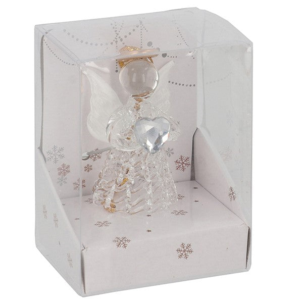 Christmas glass angel decoration in white with crystal-effect heart and delicate wings, with gold hanging thread, in snowflake gift box