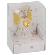 Christmas glass angel decoration in yellow with crystal-effect heart and delicate wings, with gold hanging thread, in snowflake gift box