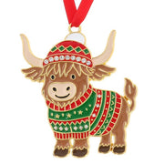 Festive Highland cow Christmas tree hanging decoration wearing a red and green Christmas jumper and bobble hat with crystal-effect trim, gold curved horns, red ribbon hanger, presented in a Christmas Treasures gift box, 8 x 7cm