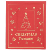 Christmas Treasures red gift box with gold Christmas tree and snowflake design