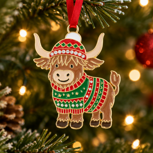 Festive Highland cow Christmas tree hanging decoration in Christmas jumper and bobble hat, hanging on a Christmas tree with warm golden bokeh fairy lights
