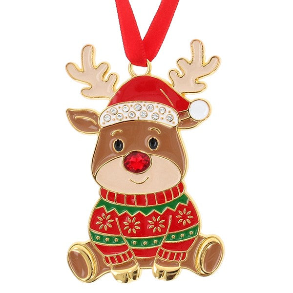 Rudolph Christmas tree hanging decoration with crystal-effect red nose, golden antlers, red Santa hat with crystal-effect trim and red and green Christmas jumper, red ribbon hanger, presented in a Christmas Treasures gift box, 5 x 7cm