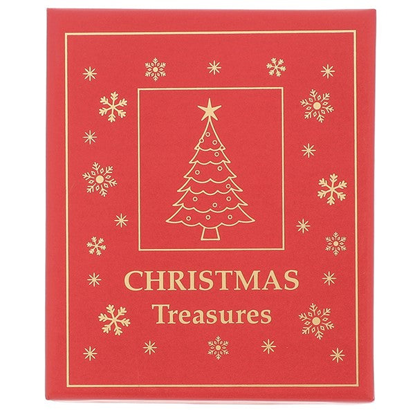 Christmas Treasures red gift box with gold Christmas tree and snowflake design