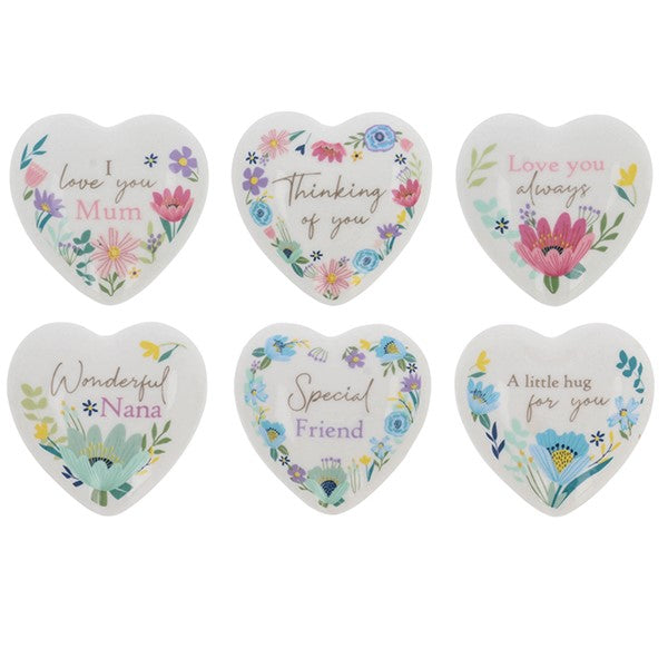 Bright Blooms floral heart ceramic pocket tokens - six sentimental designs including Love You Mum, Thinking of You, Wonderful Nana and Special Friend