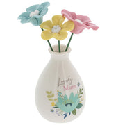 Angled view of Bright Blooms Lovely Mum vase showing full flower display and Lovely Mum sentiment