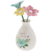 Side view of Bright Blooms Lovely Mum vase showing pastel flower arrangement and floral vase detail