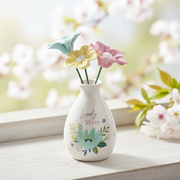 Lifestyle image: A small white ceramic vase with "Lovely Mum" text and a large teal floral pattern around the base, holding three flowers in blue, yellow and pink, displayed on a light wooden surface in a bright airy spring setting with soft natural daylight and blurred fresh greenery in the background